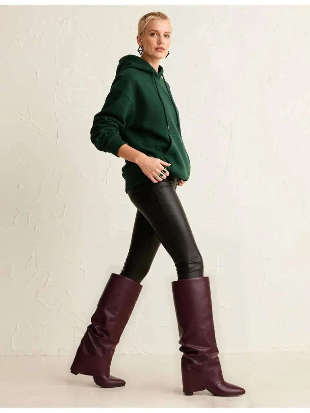 Women's Burgundy Slouchy Pointed Toe Chunky Heel Faux Leather Over The Knee Boot